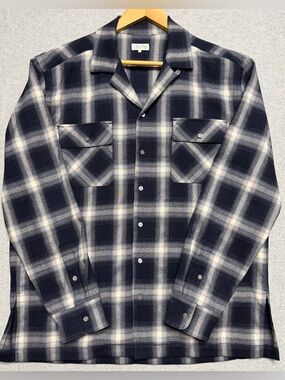 Quaker Marine Supply Men’s Medium Navy Plaid Overshirt Shirt Jacket Camp Collar